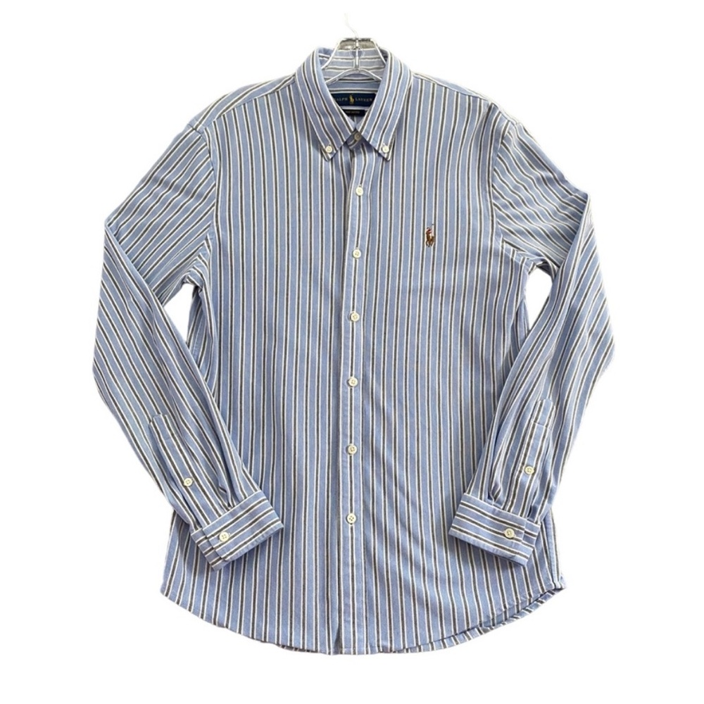 Polo Ralph Lauren Knit Oxford Shirt Men's Large Blue Gray Striped Long Sleeve